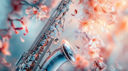 Detailed saxophone with flowing flowers and musical notes in dreamlike pastel colors.