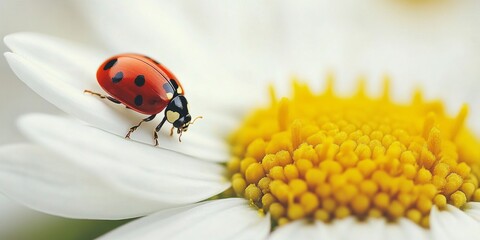 Canvas Print - A vibrant ladybug crawls on a white daisy. This close-up captures the beauty of nature. The style is fresh and detailed, ideal for nature lovers and educational purposes. AI