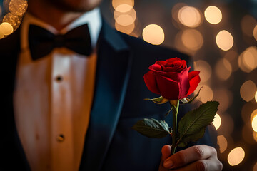 Poster - A man in a tuxedo holding a red rose in his hand