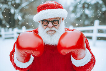 Canvas Print - A man dressed as Santa Claus wearing red boxing gloves in the snow