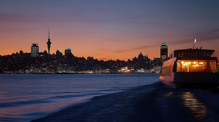 A ferry sails past the city skyline at dusk, with the lights of the city reflecting in the water.