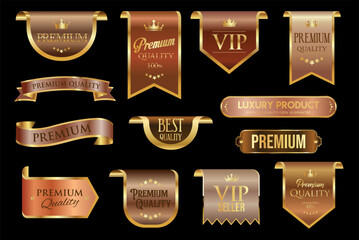 Wall Mural - gold and bronze luxury labels and badges premium quality certificate ribbons vector illustration