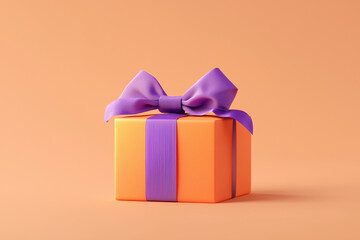 Wall Mural - Orange colored gift box with a purple bow on an orange background. Halloween style gift box. 