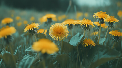 A close-up of wild dandelions growing in a field, with their bright yellow flowers and edible leaves in focus 