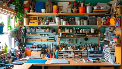 colorful and meticulously arranged craft studio brimming with diverse supplies and materials