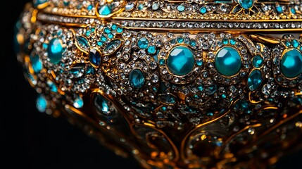 A close-up of an ornate decorative bowl adorned with turquoise and sparkling jewels, showcasing intricate craftsmanship.