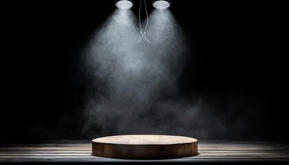 Empty wooden stage under a dramatic spotlight, minimalist black background, theater scene atmosphere, focus on texture and lighting, high contrast, cinematic mood