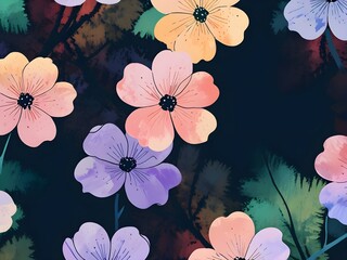 Wall Mural - Watercolor Flowers On A Dark Background