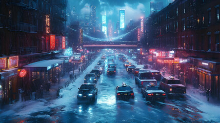 Poster - A futuristic cityscape at night, with a snow-covered street and traffic.