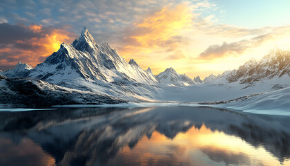 Wall Mural - Nature Bliss: A serene mountain landscape with a lake reflecting the snowy peaks at sunrise