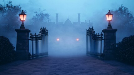 Mysterious foggy scene featuring an illuminated entrance with glowing lanterns, open wrought iron gates, and a shadowy mansion in the background, creating a gothic and haunting atmosphere.