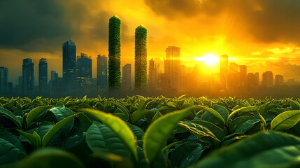 Wall Mural - A futuristic cityscape with green buildings rises from a field of green tea plants, with the sun setting in the background.