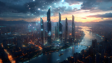 A futuristic cityscape with towering skyscrapers, a river, and a starry sky.