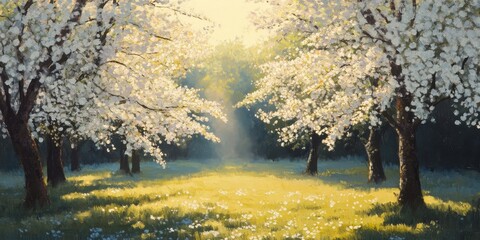 sunlit grove of blooming cherry trees 