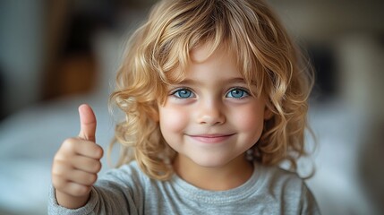 Thumbs Up, Little One:  A close-up portrait of a bright-eyed, curly-haired child with a dazzling smile, giving a thumbs up.  The photograph captures the innocence and joy of childhood, with a touch of