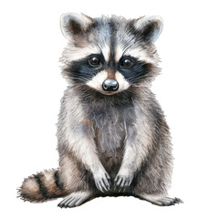 Watercolor painting of a cute baby raccoon sitting and staring, isolated on white background