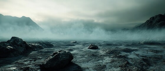 Wall Mural - Misty Mountain Landscape with Rocky Terrain and Dramatic Sky in Early Morning Light