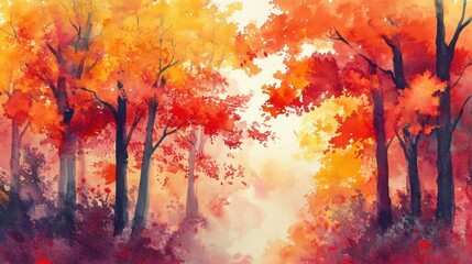 Wall Mural - Vibrant Autumn Forest Landscape Watercolor Painting