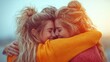 © KN Studio - Soul Sisters Embrace: Two blonde women share a tender moment of connection, their foreheads pressed together in a warm embrace against a dreamy sunset backdrop.
