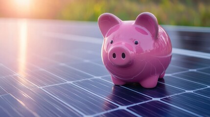 Pink piggy bank on a solar panel background, a concept of energy saving and green renewable source power for coins. A real photo with copy space. 