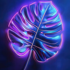 Wall Mural - A vibrant, neon blue monstera leaf glows against a dark background, creating a striking and modern tropical aesthetic.