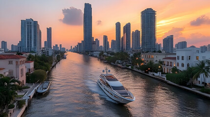 Wall Mural - A luxurious yacht cruises through a canal in Miami, Florida, as the sun sets over the city skyline.