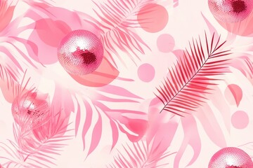 Wall Mural - Girly Seamless Pink Disco Ball and Palm Leaves Pattern for Cards, Posters, and Fashion Design