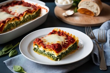 Wall Mural - Delicious Spinach and Ricotta Vegetarian Lasagna Slice Served on White Plate in Traditional Italian Cuisine