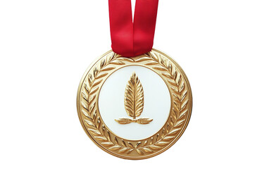 Gold medal with ribbon on transparent background, png	