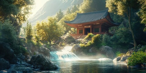 Wall Mural - peaceful temple by a flowing river 