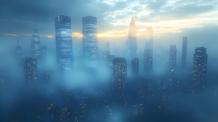 A misty cityscape at sunset, with tall skyscrapers and a hazy glow.