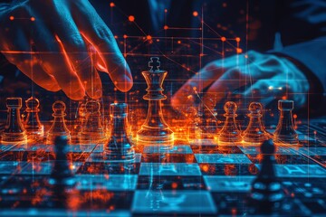 Poster - Strategic Thinking. Businessman Playing Digital Chess, Concept of Business Strategy and Technology