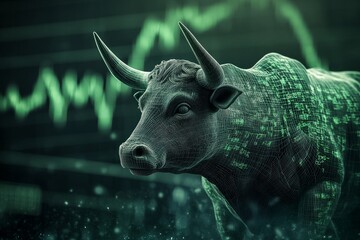 Modern wallpaper, a green stock market chart with a digital bull in the background