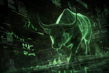 Wall Mural - Modern wallpaper, a green stock market chart with a digital bull in the background