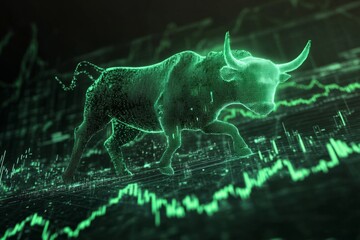 Modern wallpaper, a green stock market chart with a digital bull in the background