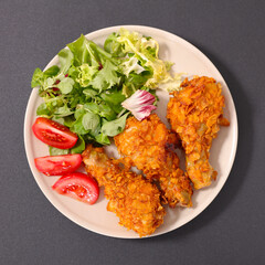 Poster - Top View of Fried Chicken Drumsticks with Salad and Ketchup – Delicious Meal