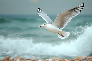 Poster - Seagull soaring above crashing waves at the shoreline