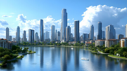 A modern cityscape with skyscrapers reflected in a calm lake.