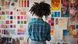 © sungedi - Woman with Curly Hair Looking at a Wall of Color Swatches