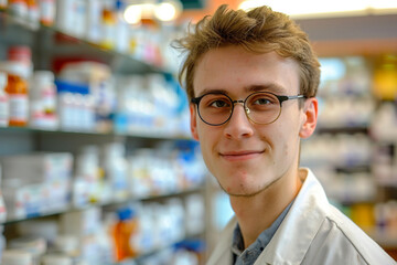 Wall Mural - Photo of a professional pharmacist person working in chemist shop generative AI