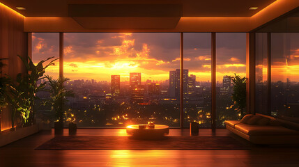 Wall Mural - A modern living room with large windows showcasing a stunning sunset over a cityscape.