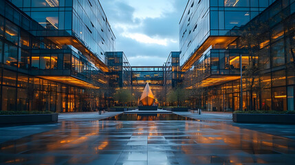 Wall Mural - A modern office building complex with a reflecting pool and a sculpture in the courtyard.