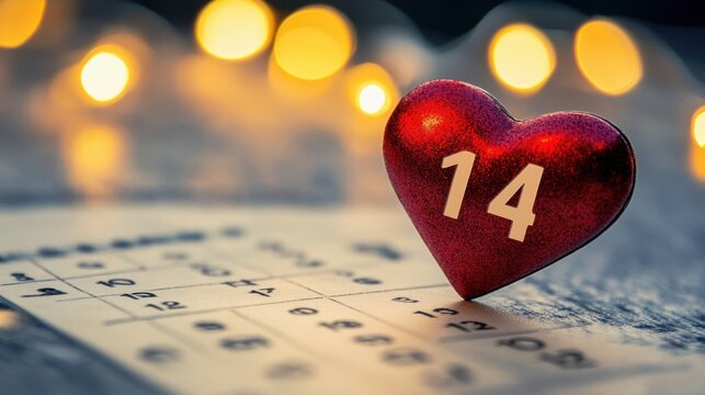 A heart-shaped calendar icon with February 14th marked, symbolizing Valentine Day.