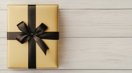 Poster - Gold Gift Box with Black Bow on White Wooden Background