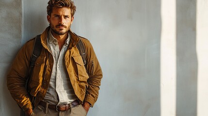 the adventurer's gaze: a ruggedly handsome man with a backpack, exuding an air of confidence and wan
