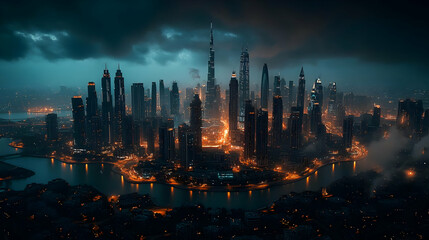 A panoramic aerial view of a modern city skyline at night