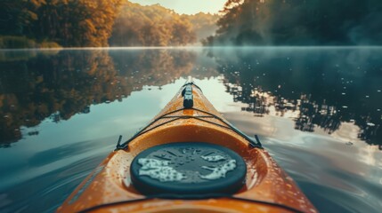 Sticker - A close-up of a kayaker reflection in the water as they paddle across a still lake, with the surrounding natural beauty mirrored on the surface.