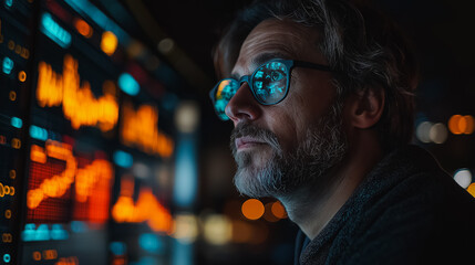 Poster - A man wearing glasses is looking at a computer screen with a lot of numbers and graphs. Concept of focus and concentration as the man studies the data displayed on the screen