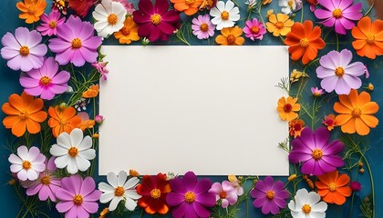 Wall Mural - Vibrant frame of cosmos flowers surrounding a blank card for personalized messages or notes