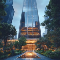 Poster - Modern Skyscraper with Reflection Pool and Green Trees